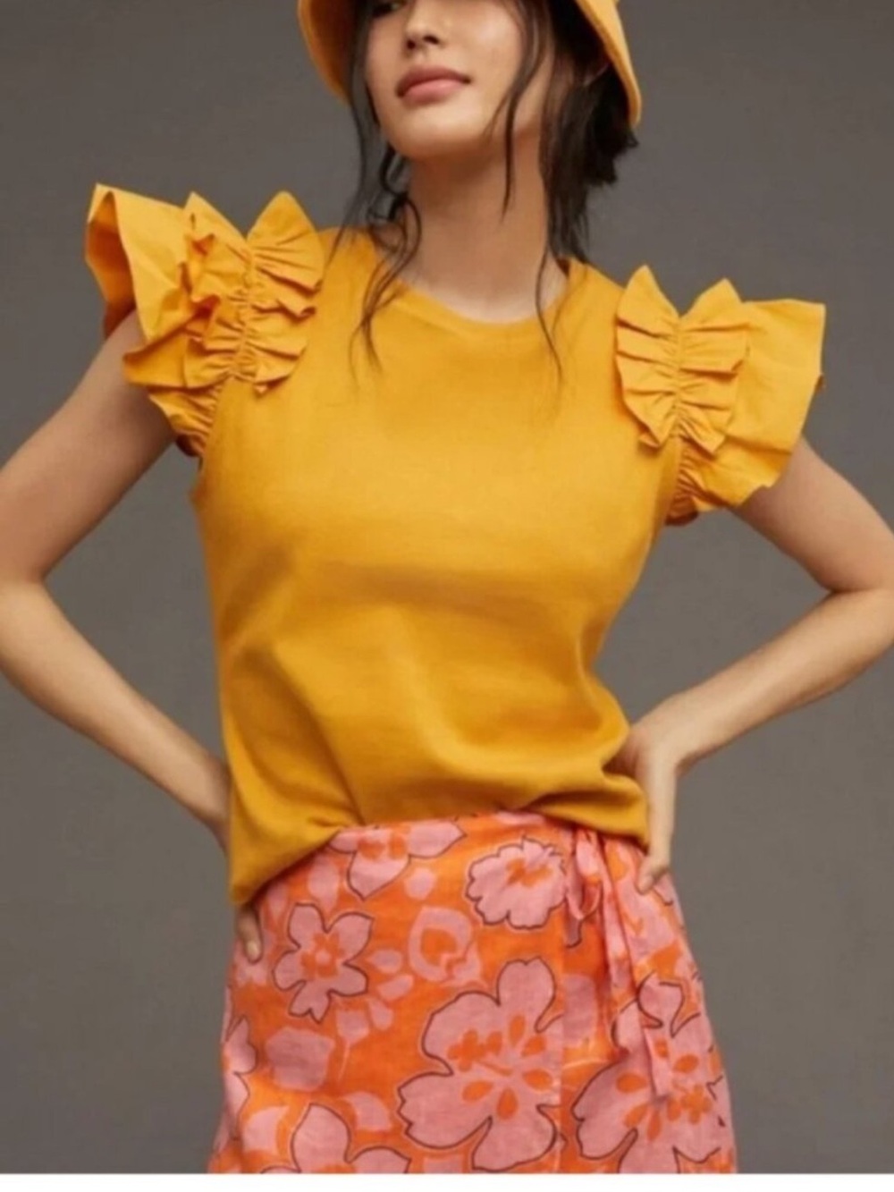 Anthropologie Mustard Yellow Ruffled Sleeve Tank Top Size XS NWOT